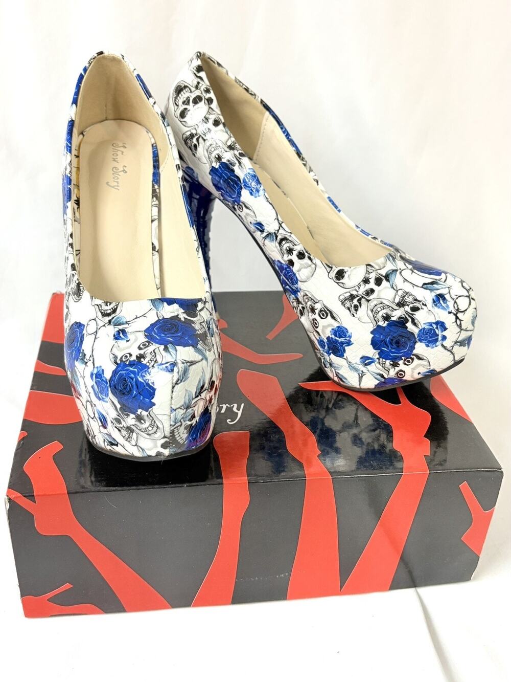 SHOW STORY Blue Skull Rose Print Platform Bone Heel Pumps Size EUR 41 US 9 & Box
